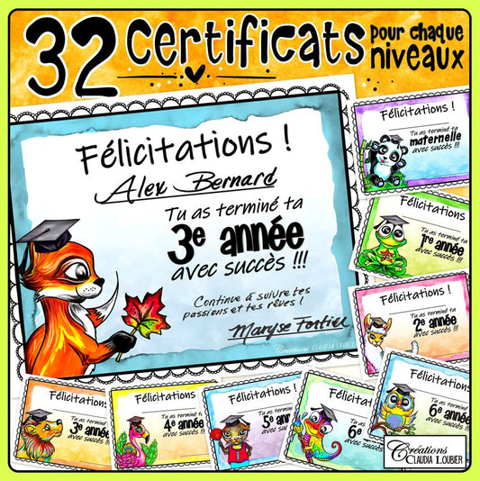 32 Certificats de fin d'année - Animaux