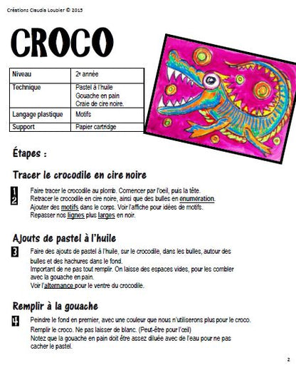 Long croco : projet d'arts plastiques aux pastels à huile et gouache
